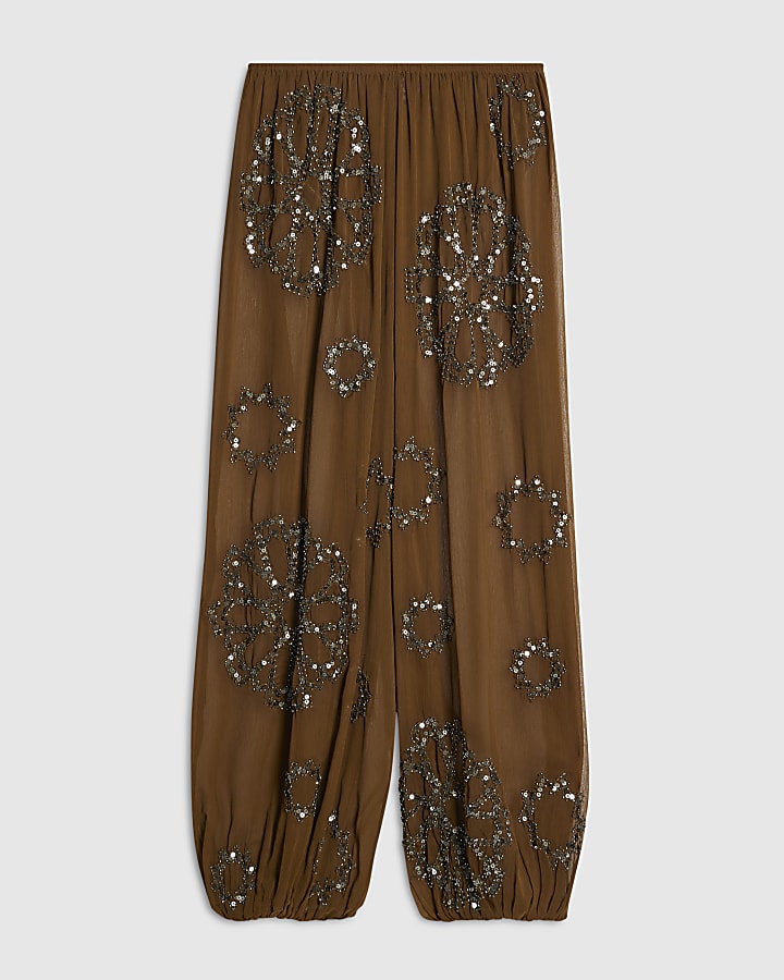 Khaki Embellished Sheer Balloon Leg Trousers