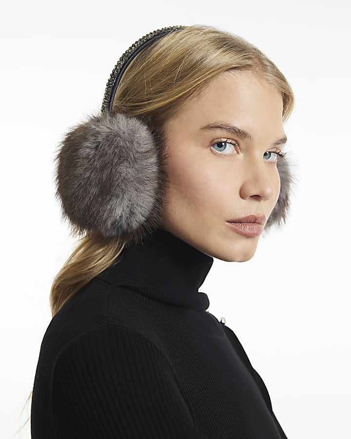 Grey Faux Fur Embellished Earmuffs