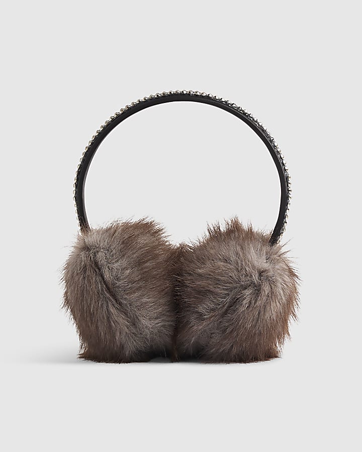 Grey Faux Fur Embellished Earmuffs