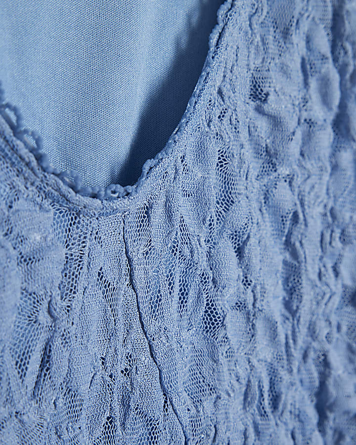 Blue Lace Long Sleeve V Neck Top