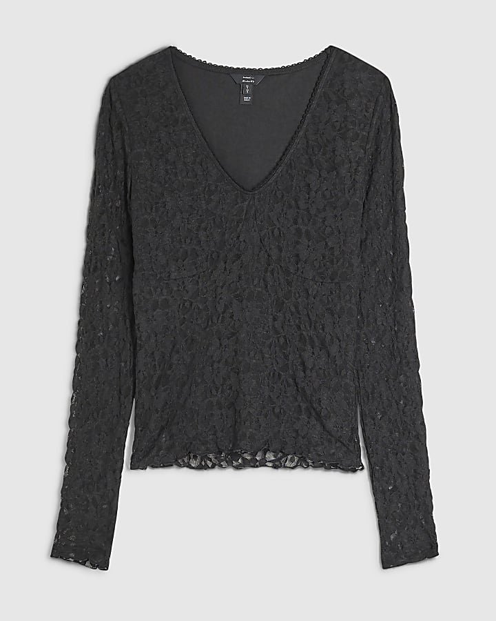 Black Lace V Neck Long Sleeve Top