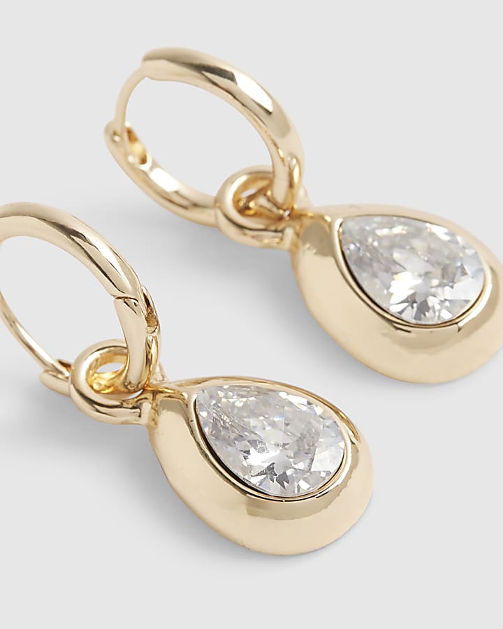 Gold Diamond Simulant Tear Drop Earrings