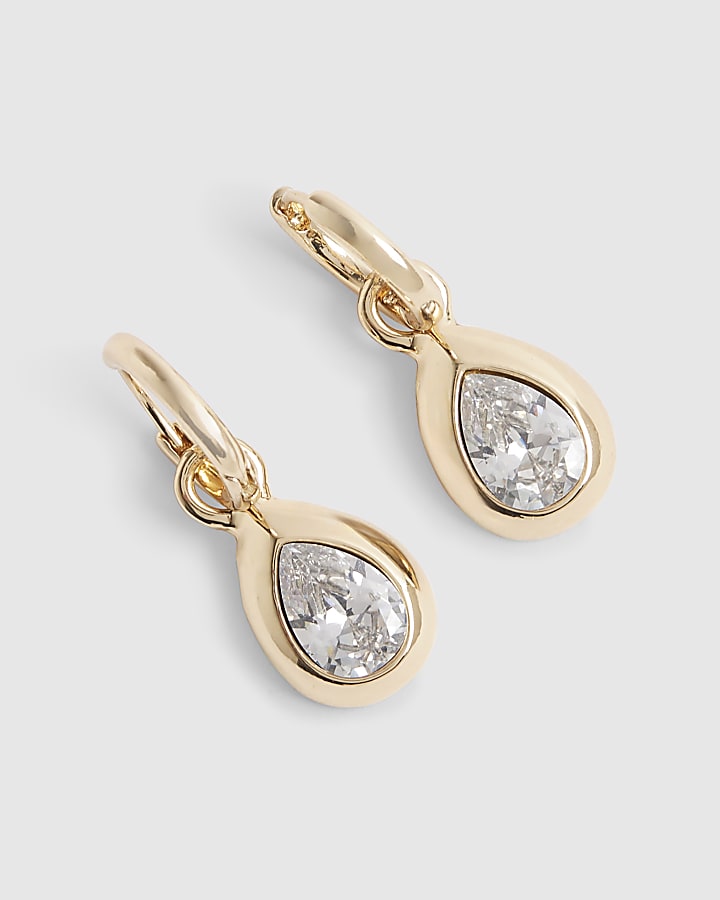 Gold Diamond Simulant Tear Drop Earrings