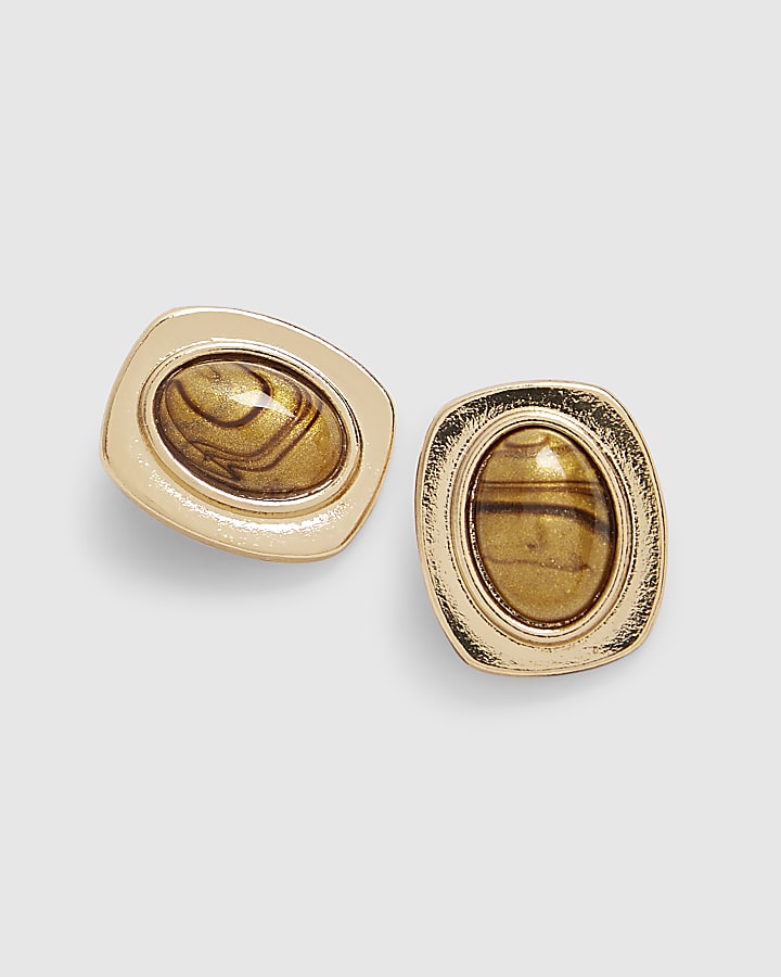 Brown Resin Oval Stud Earrings