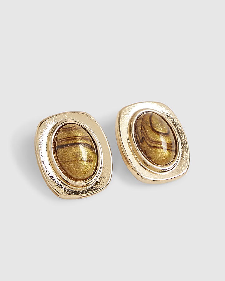 Brown Resin Oval Stud Earrings