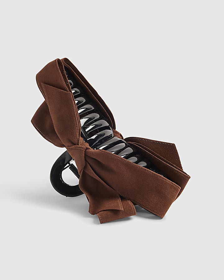 Brown Bow Faux Suede Brown Claw Clip