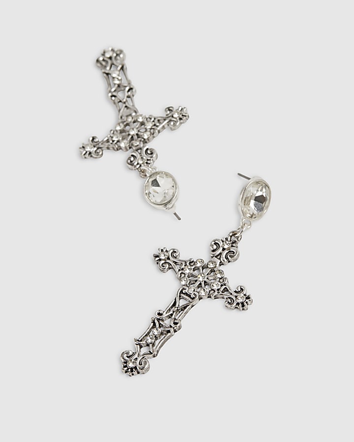 Silver Rhinestone Cross Earrings