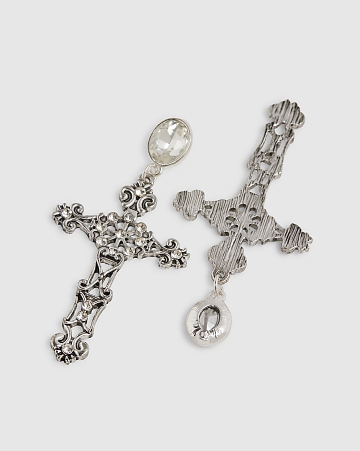 Silver Rhinestone Cross Earrings