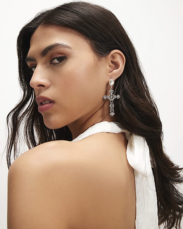 Silver Rhinestone Cross Earrings