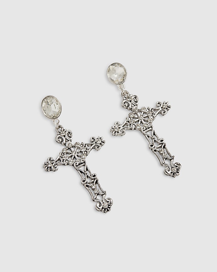 Silver Rhinestone Cross Earrings