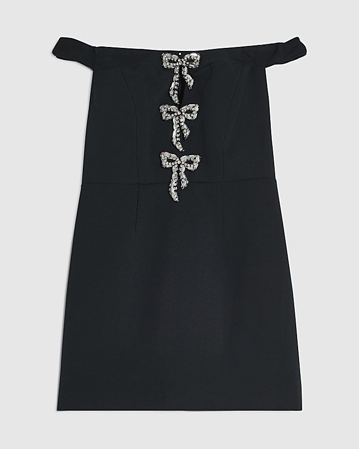 Petite Black Diamante Bow Mini Dress