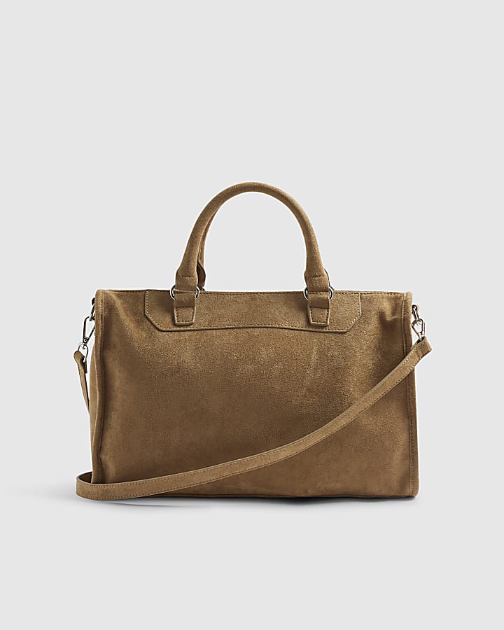 Beige Faux Suede Zip Panel Tote Bag