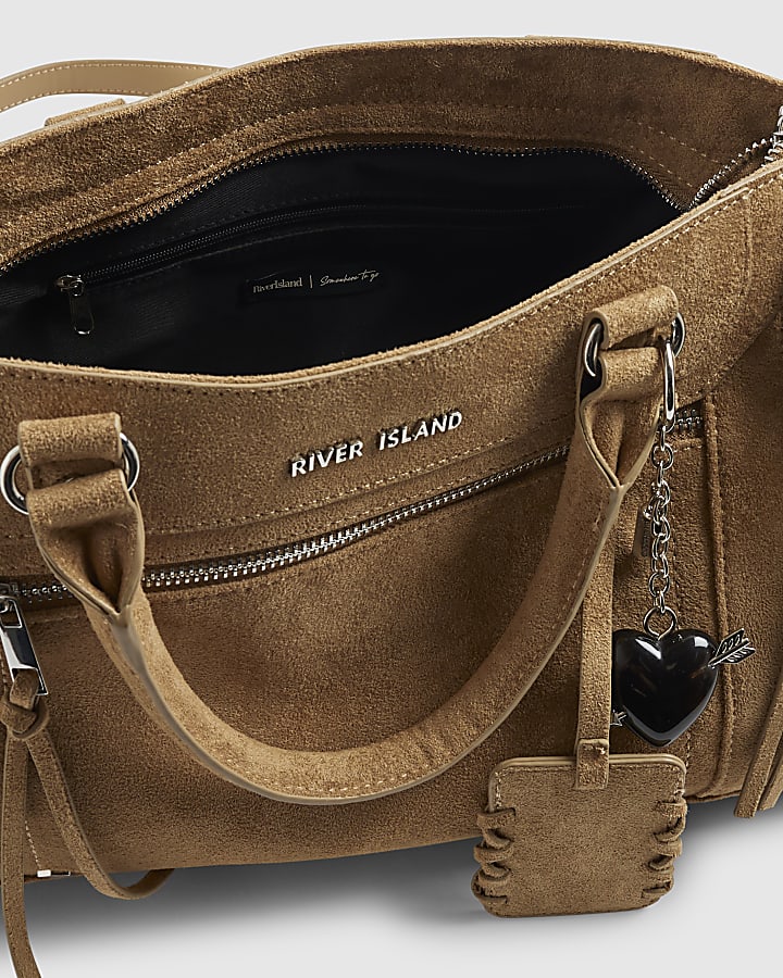 Beige Faux Suede Zip Panel Tote Bag