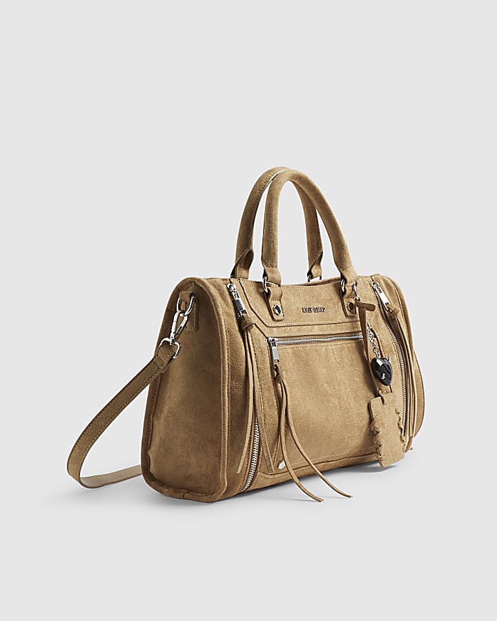 Beige Faux Suede Zip Panel Tote Bag