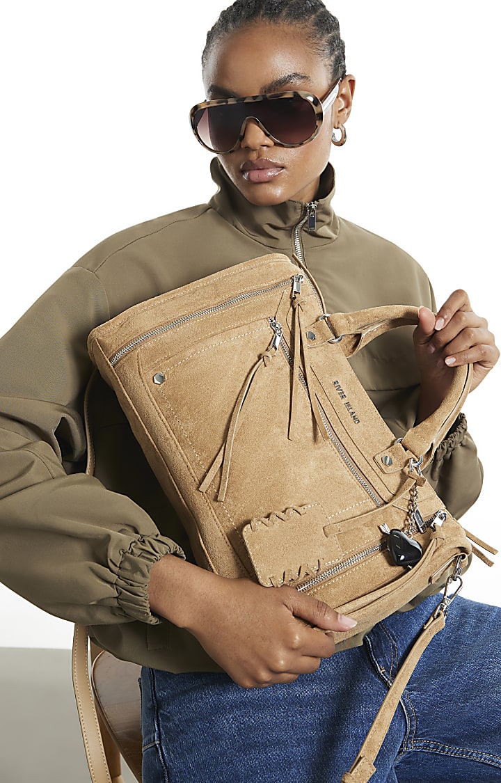 Beige Faux Suede Zip Panel Tote Bag
