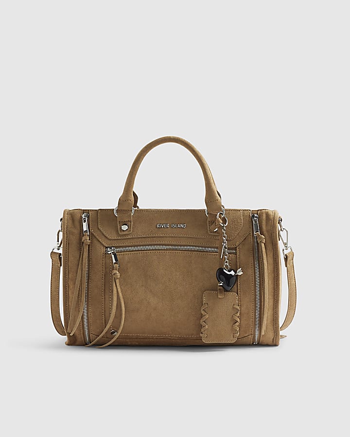 Beige Faux Suede Zip Panel Tote Bag