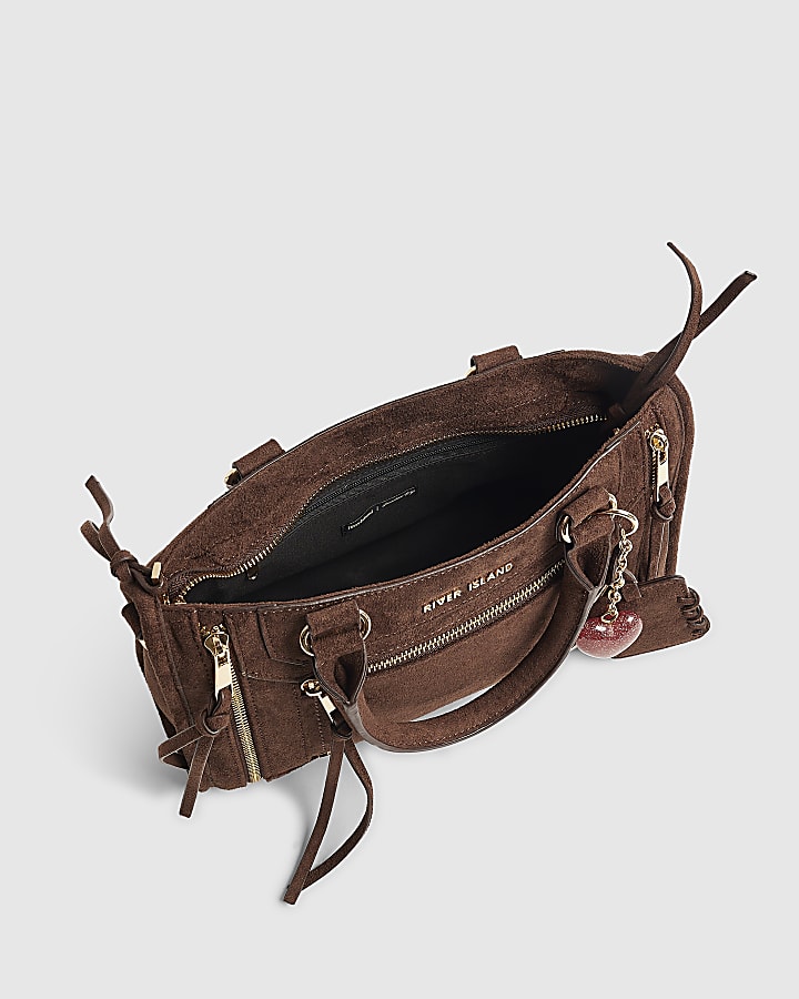Brown Faux Suede Zip Panel Tote Bag
