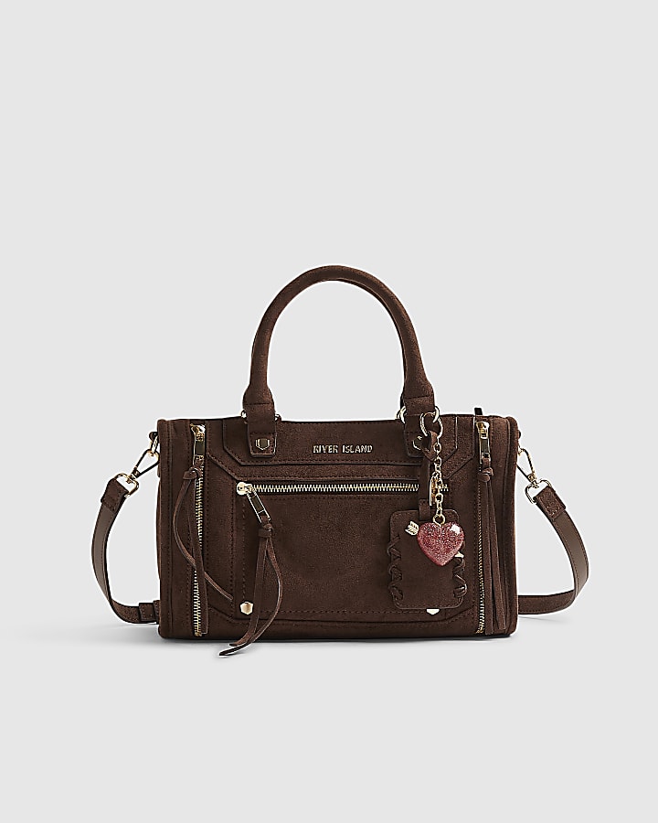 Brown Faux Suede Zip Panel Tote Bag
