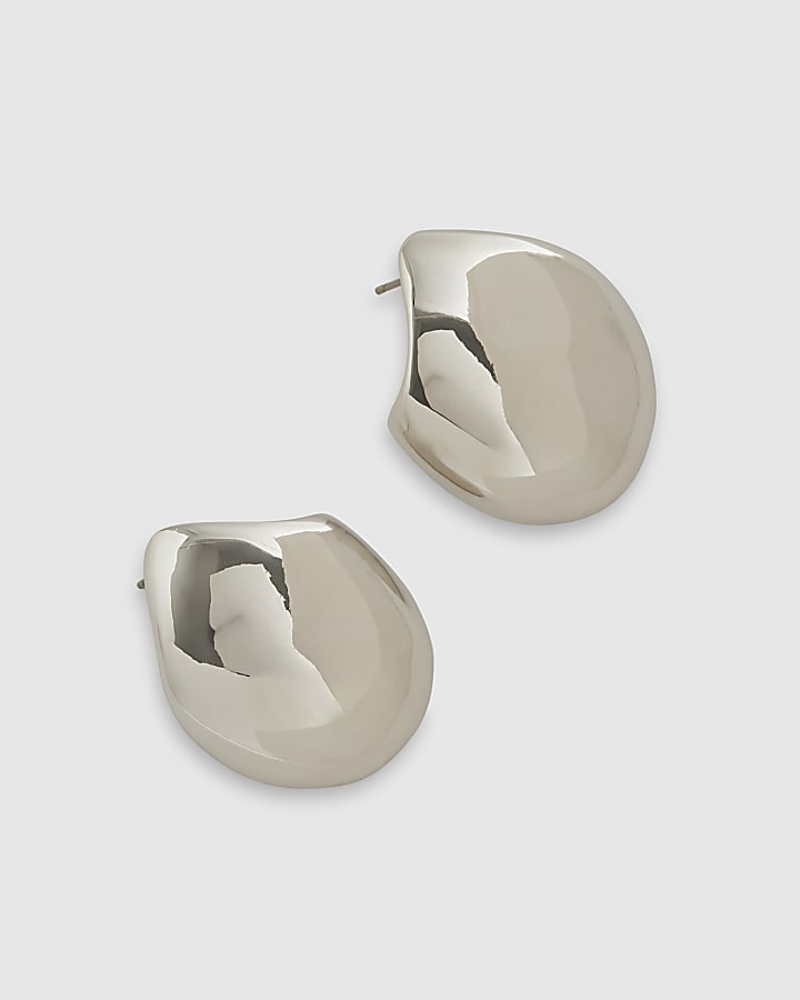 Silver Curved Oval Cut Out Stud Earrings