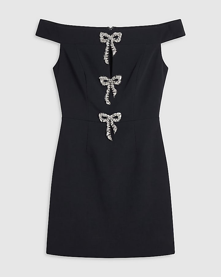 Black Diamante Bow Mini Dress