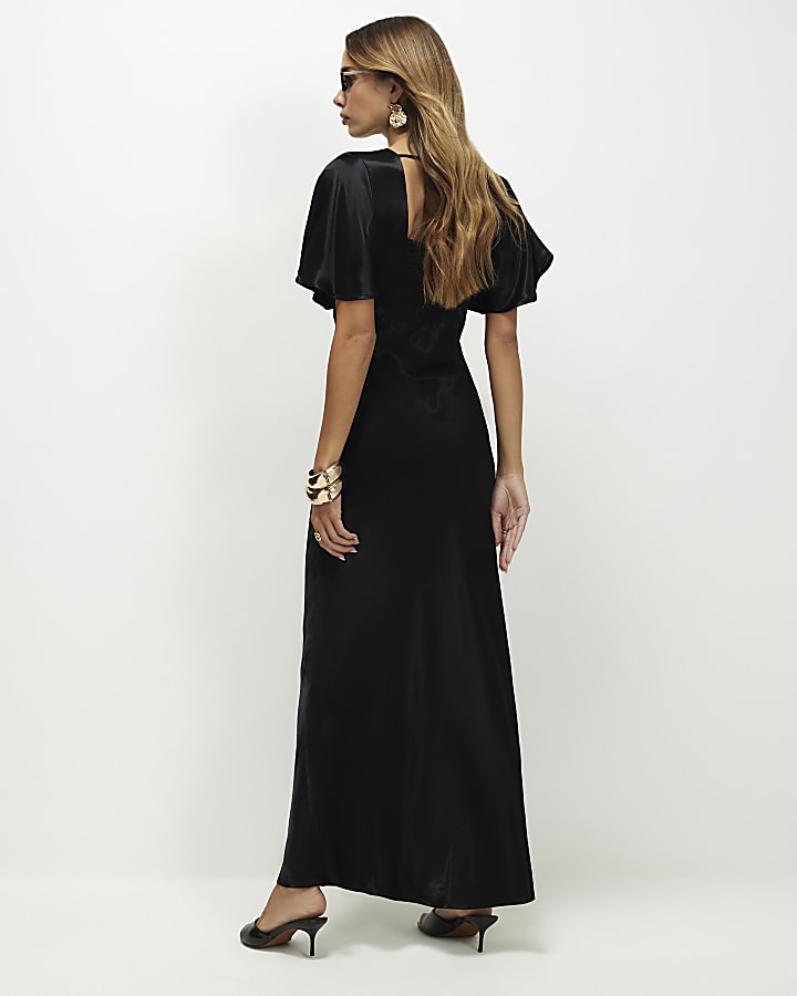 Black Satin Bow Detail Maxi Dress