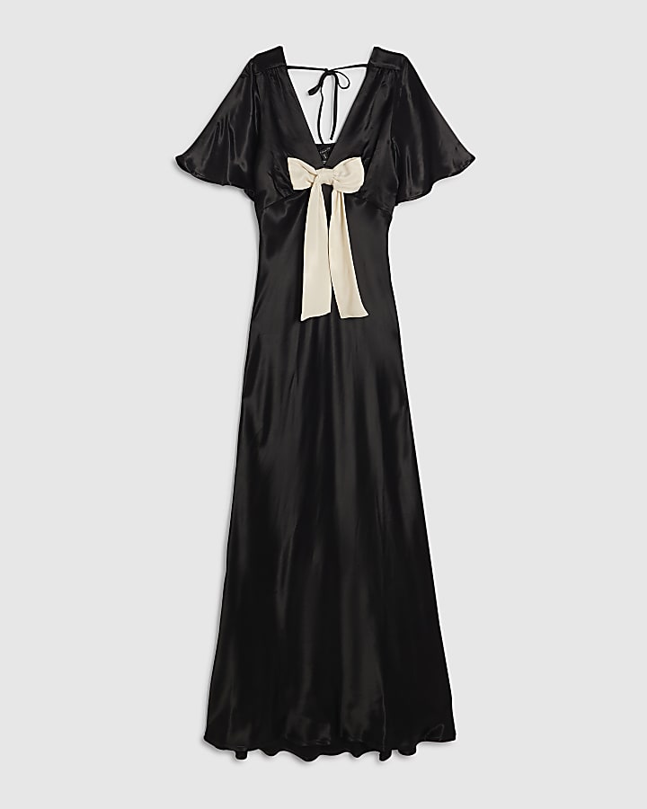 Black Satin Bow Detail Maxi Dress