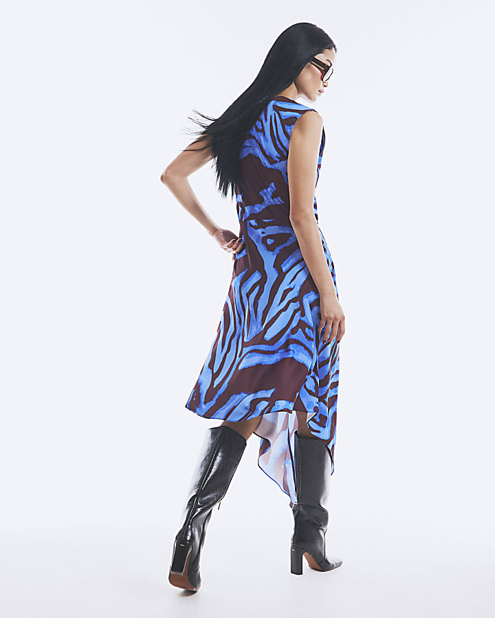 Blue Satin Zebra Print Midi Dress