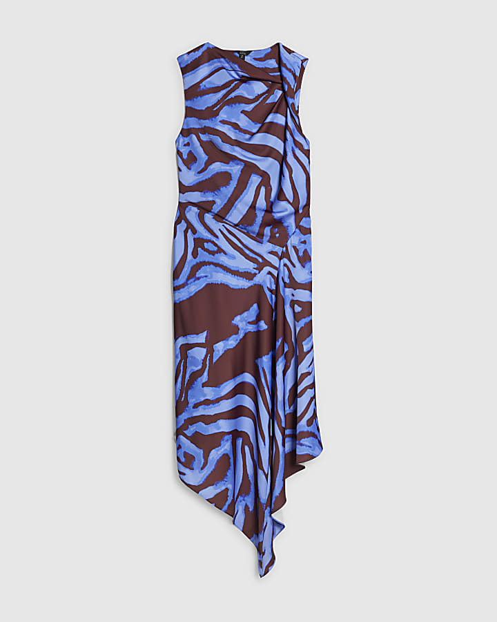 Blue Satin Zebra Print Midi Dress