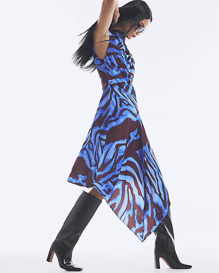 Blue Satin Zebra Print Midi Dress