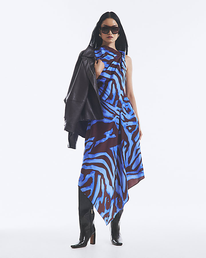 Blue Satin Zebra Print Midi Dress