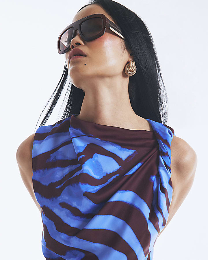 Blue Satin Zebra Print Midi Dress
