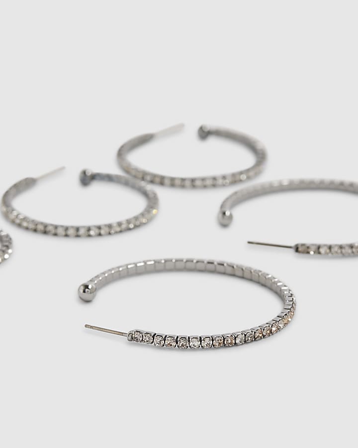 Silver Diamond Simulant Hoop Earrings Pack