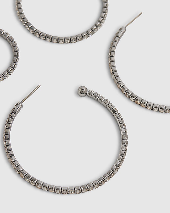 Silver Diamond Simulant Hoop Earrings Pack