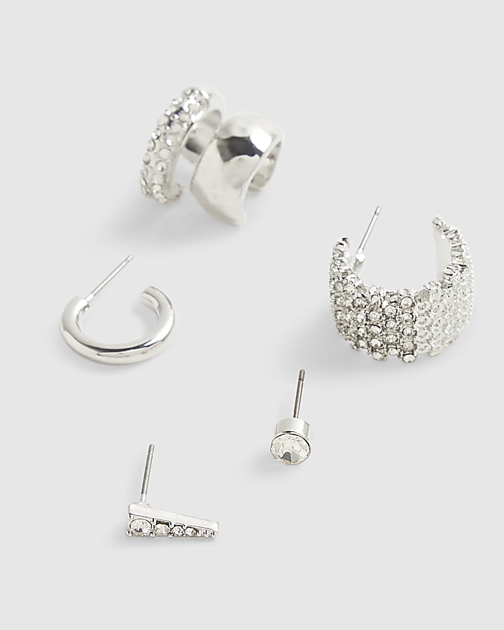 Silver Rhinestone Hoop and Cuff Earrings Set