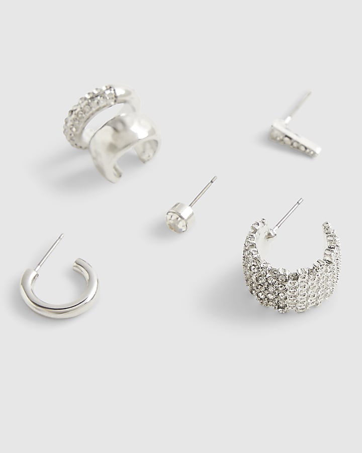 Silver Rhinestone Hoop and Cuff Earrings Set