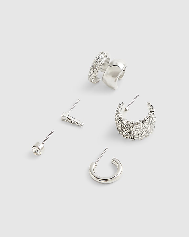 Silver Rhinestone Hoop and Cuff Earrings Set