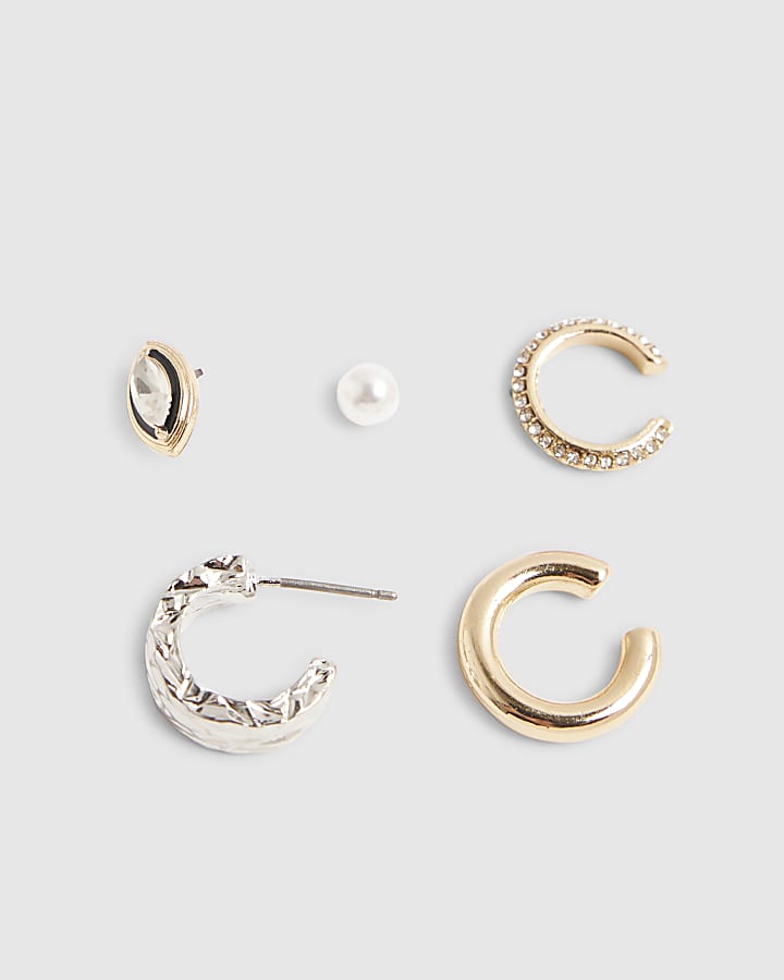 Silver Mixed Metal Stud And Cuff Earring Pack
