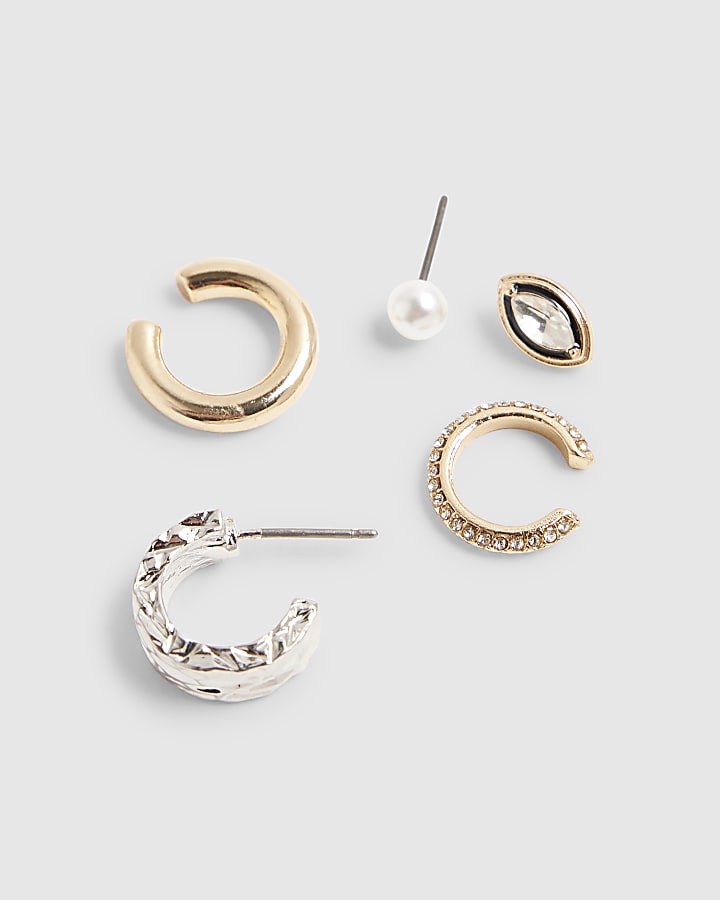 Silver Mixed Metal Stud And Cuff Earring Pack