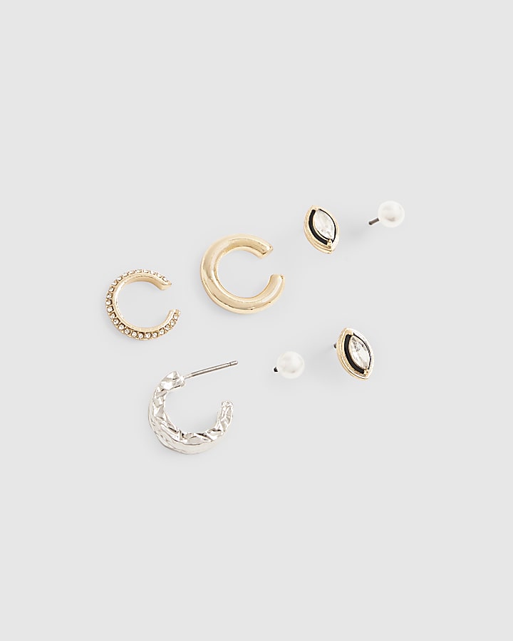 Silver Mixed Metal Stud And Cuff Earring Pack