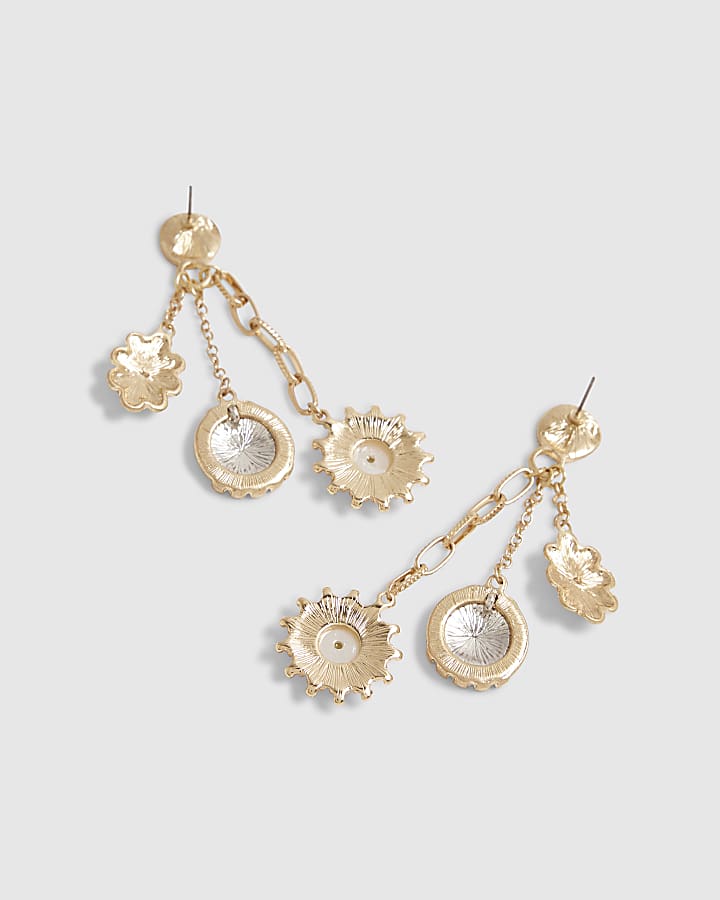 Gold Mixed Metal Cameo Charm Drop Earrings