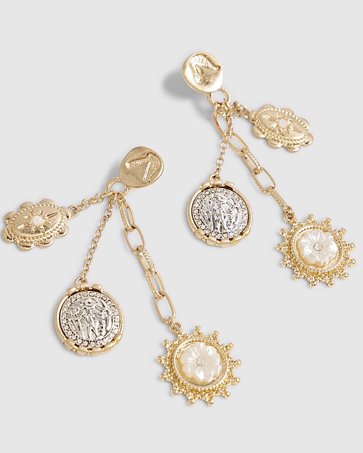 Gold Mixed Metal Cameo Charm Drop Earrings
