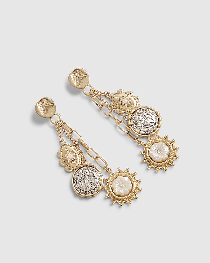 Gold Mixed Metal Cameo Charm Drop Earrings