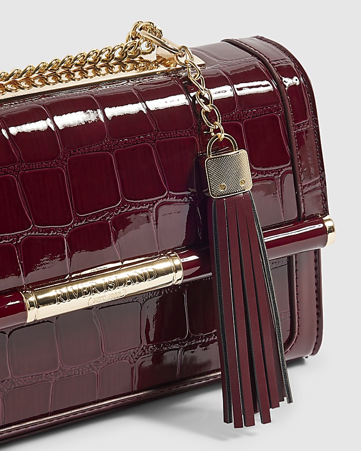 Burgundy Croc Bar Front Panel Shoulder Bag
