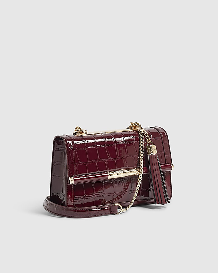 Burgundy Croc Bar Front Panel Shoulder Bag