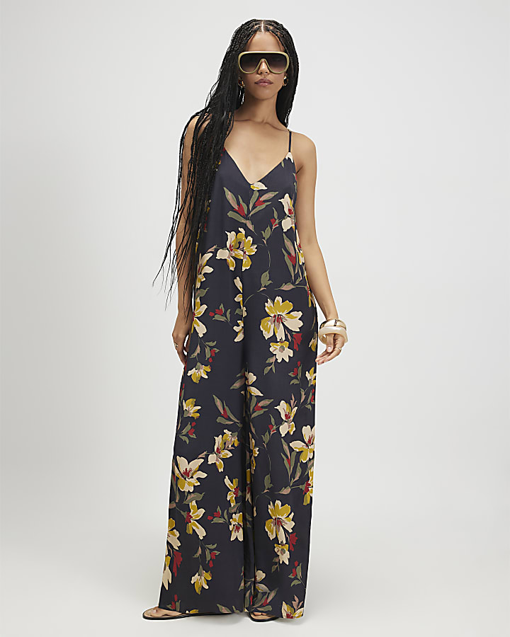 Black Floral Wide Leg Jumpsuit