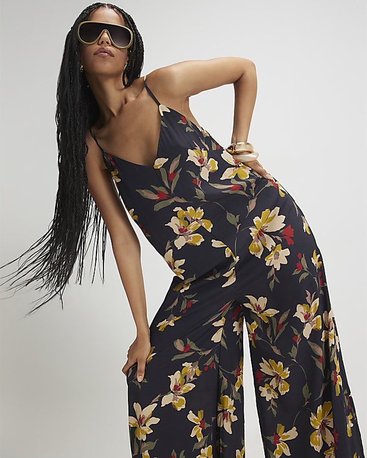 Black Floral Wide Leg Jumpsuit