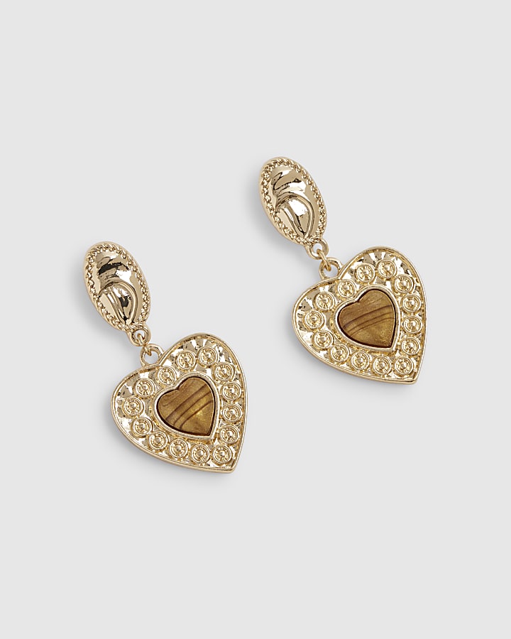 Gold Heart Resin Drop Earrings