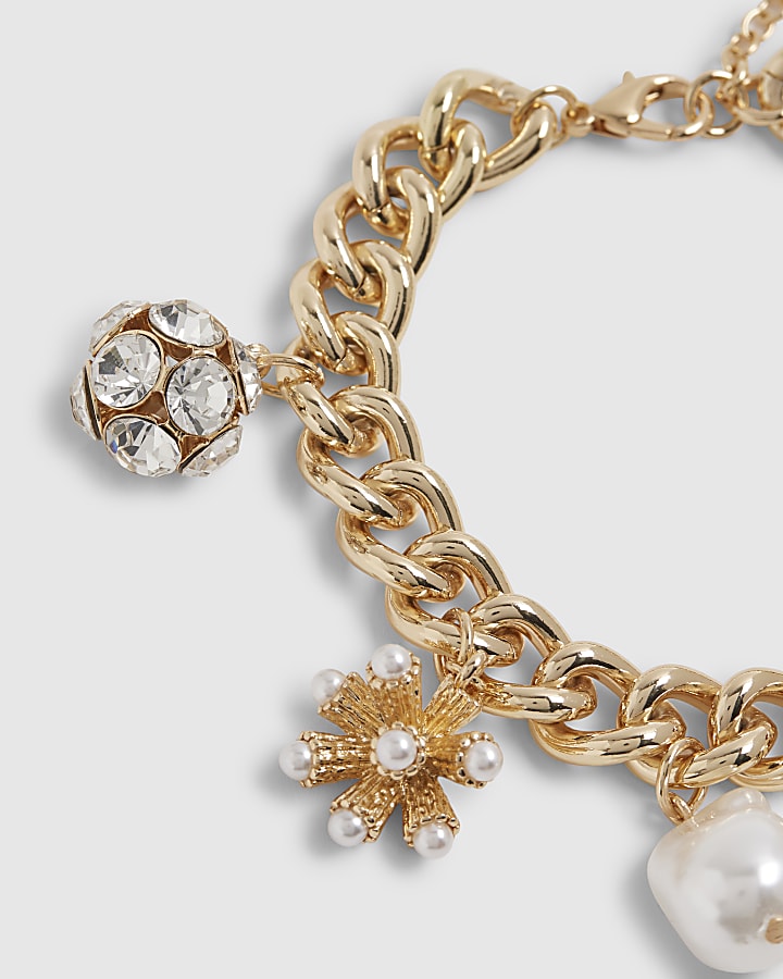 Gold Heart And Pearl Charm Bracelet