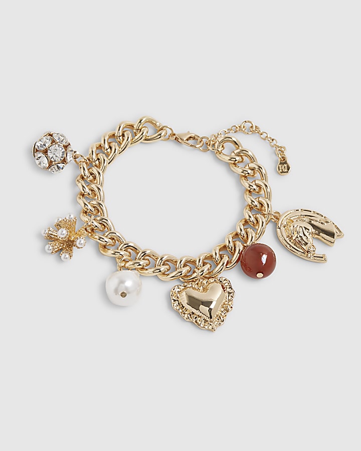 Gold Heart And Pearl Charm Bracelet