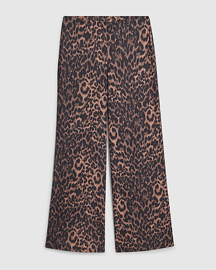 Brown Leopard Textured Wide Leg Trousers